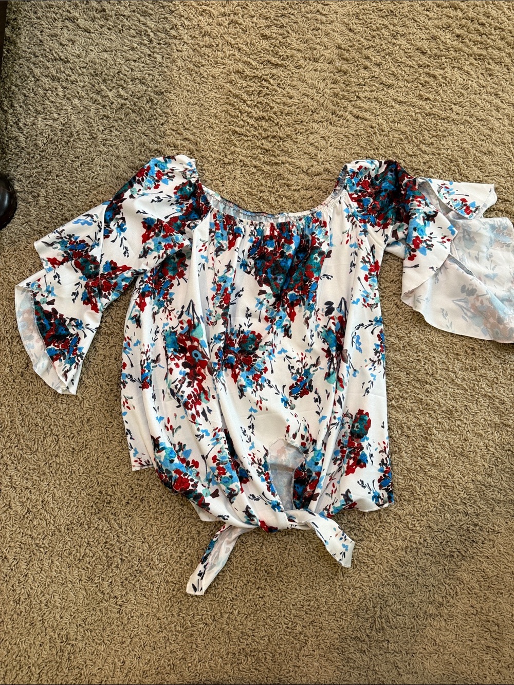Off-Shoulder Floral Tie-Hem Blouse - White with Red & Teal Floral